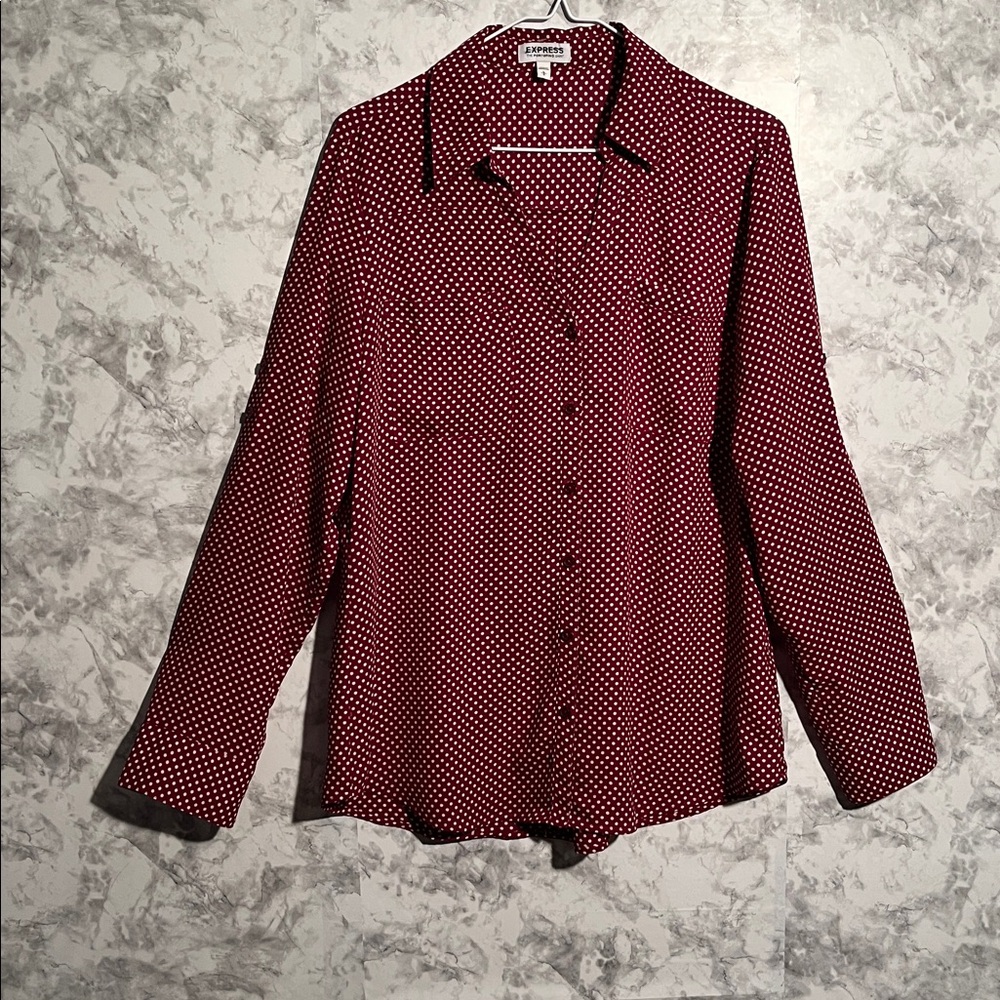 EXPRESS "Portofino" Shirt, Woman's Large, Burgandy w/white dots. Like new!